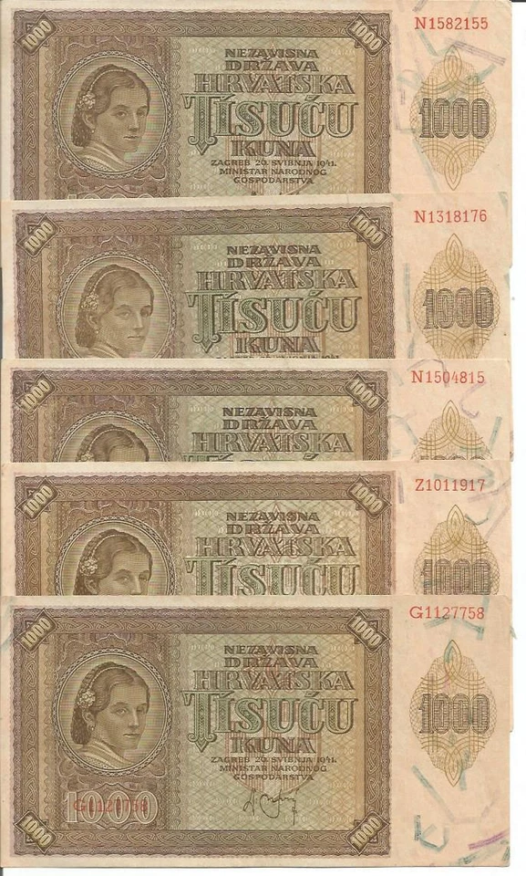CROATIA LOT 5x 1000 KUNA 1941  P 4. WWII. aUNC CONDITION. 4RW 26 SET - Image 1 of 1