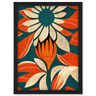 Flower Design Teal Orange Abstract Linocut Framed Wall art Picture Print A3
