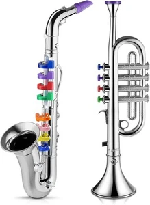 Lewtemi 2er Set Musikinstrumente inkl. Spielzeugtrompete und Saxophon silber - Bild 1 von 7