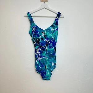 Women’s Floral One-Piece Swimsuit Size 14 Blue Green Ruching New w/ Tags - Picture 1 of 10
