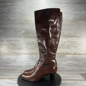Vintage 90s Salvatore Ferragamo Burgundy Leather Tall Heeled Boots Size 7.5 N - Picture 1 of 16