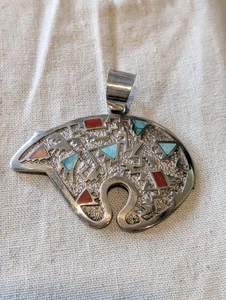 Navajo Richard Begay Sterling Bär Anhänger Türkis & Koralle Inlay 26g 2,25" - Bild 1 von 8