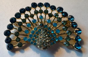 Broche prendedor vintage Napier tono dorado cristal azul pavo real azul brillante - Imagen 1 de 7