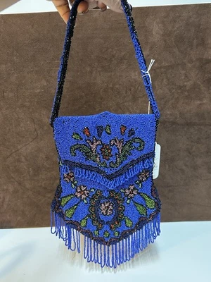 Cartera retícula jardín cobalto con cuentas con espejo original - principios del siglo XX Foto 1 de 4