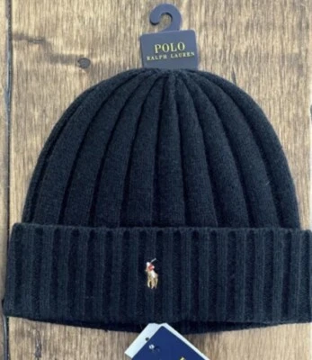 Polo Ralph Lauren Signature Wool Blend Cuffed Beanie Black Tan Pony NWT - Image 1 of 4