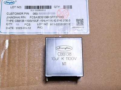2 PIEZAS CBB138 DS Jianghai 10uF 1100V 10% DC Link Film Condensador Baja ESR 4 pines Foto 1 de 4