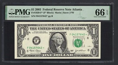 United States-Federal Res One Dollar 2003A Fr#1929-F* (F* Block) UNC Grade 66 - Image 1 of 2