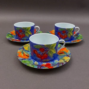 Laure Japy Paris Limoges France Jardin Bleu Fruit Flat Cup & Saucer Set Of 3 - Picture 1 of 10