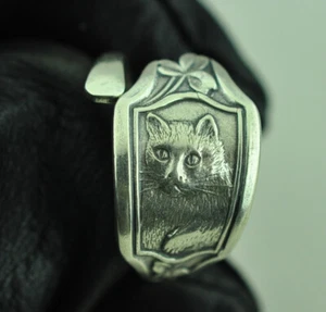 Dainty Solid 925 Sterling Silver My Little Kitty Cat Adjustable Spoon Ring - Picture 1 of 6