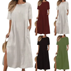 Women Summer Dress Casual Short Sleeve Crewneck Shirt Maxi Beach Long Dresses - Picture 1 of 15