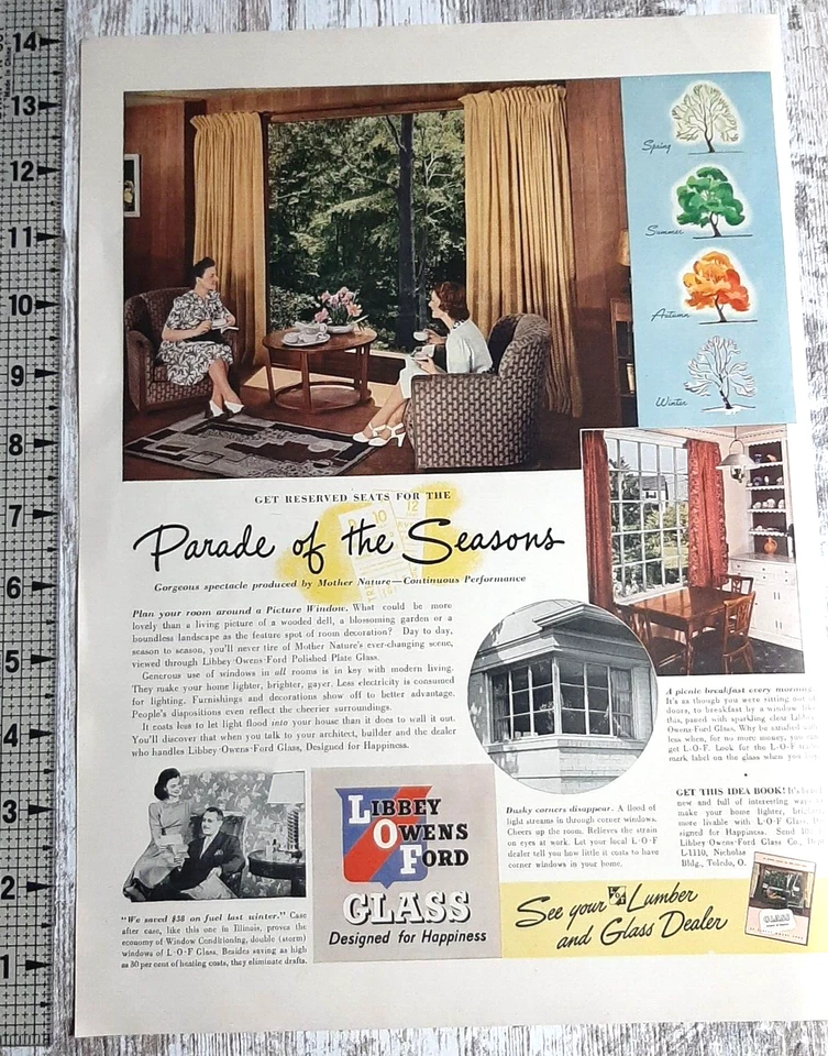 1941 Libby Owens Ford Glass Vintage Print Ad Windows Picture Seasons MCM Room - Image 1 of 1