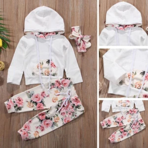 Newborn Baby Girl Clothes Floral Hooded Top Pants Outfits Set Tracksuit Headband - Picture 1 of 8