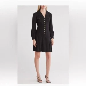Nanette Lepore Dress Women's 14 Black Long Sleeve Brass Button Up Pleated NWT - Picture 1 of 10