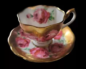 Vintage Queen Anne PINK Kohlrose Blumen Teetasse & Untertasse schwere Goldvergoldung - Bild 1 von 9