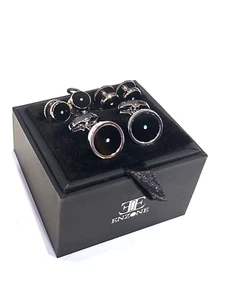 Enzone Tux Stainless Circle Stud Set Shirt Cufflinks Black Crystal Bling - Picture 1 of 2