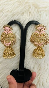 Bollywood Style Indian Pearl Jhumka Earrings Bridal Glass Kundan Jewelry Set - Picture 1 of 3