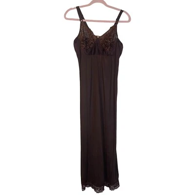 Vintage Silky Nylon Full Dress Slip Embroidery Chantilly Lace Medium Brown - Image 1 of 4