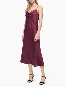 $119 Calvin Klein Women's, Printed Cowl Neck Sleeveless Long Slip Dress, Wine, 2 - Picture 1 of 3