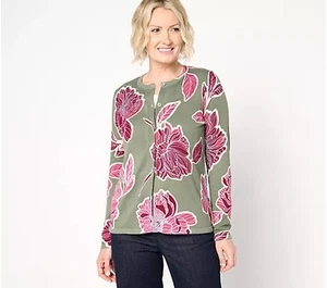 Susan Graver Printed Button Front Sweater Sage Leaf Florl 2X New - Imagen 1 de 4