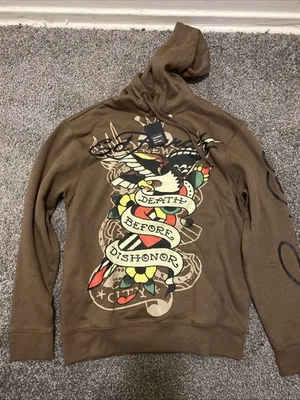 ED HARDY DEATH BEFORE DISHONOR FLEECE PULLOVER HOODIE MEN SMALL BROWN NWT - Image 1 of 4