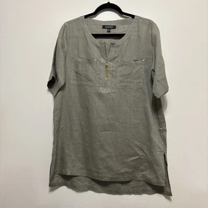 ELLEN TRACY 100% Linen Women M Olive Green Tunic Gold Zipper Short Sleeve Top EX - Picture 1 of 8