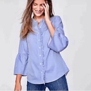Camisa Top Boden Wide Bell Manga Larga Volantes Frontal Abotonada Azul Talla 6 UK 10 - Imagen 1 de 13