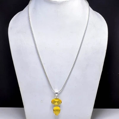 Yellow Citrine Gemstone Pendant 925 Sterling Silver Handmade Necklace 20" - Image 1 of 4