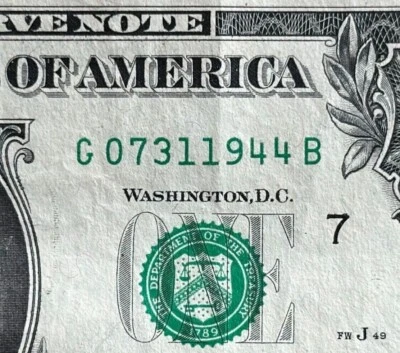 $1 Birthday Note - JULY 31, 1944 - Fancy Serial Number G 07311944 B / 2013  - Image 1 of 4