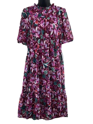 Maggy London Dress Womens Size 10 Pink Purple Floral Midi Ruffle - Image 1 of 4