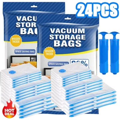 24x Jumbo Vacuum Storage Bags Travel Space Saver Garment Seal Cloth +2 Hand Pump - Image 1 of 4