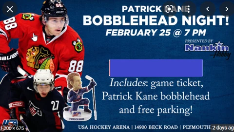 PATRICK KANE TEAM USA ARENA EXCLUSIVE BOBBLEHEAD SGA 2/25/22 NIB Cover