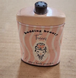 1950s BUDDING BEAUTY AFTER BATH POWDER EMPTY TIN BY TUSSY COSMETICS 3.75" TALL - Picture 1 of 2