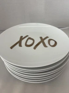 Pier 1 Imports XOXO Dessert Plates White /Gold 8” Kiss/hug Set Of 8 - Picture 1 of 10