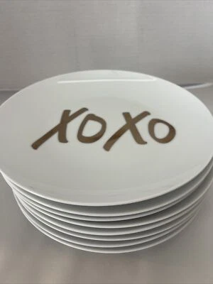 XOXO Dessert/Salad Plates Kiss/Hug Pier 1 Imports 8”White W/Gold Set Of 8 - Image 1 of 4