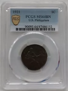 US PHILIPPINES 1 CENTAVO UNC COIN 1921 YEAR KM#163 PCGS GRADING MS64 - Picture 1 of 3