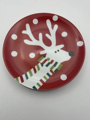 3 CRATE & BARREL CHRISTMAS REINDEER ROUND DESSERT PLATES RED STRIPPED SCARF 7,25 - Image 1 of 4