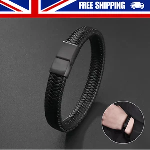 Men's Black Leather Bracelet Rope Wristband Braided Faux Leather Clip Bangle Him - Picture 1 of 5