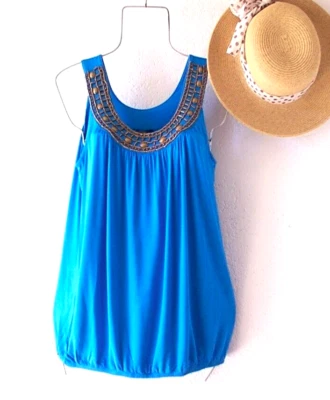 New~Ocean Blue Blouse Shirt Tank Bronze Bead Artisan Boho Top~Size XL - Image 1 of 3