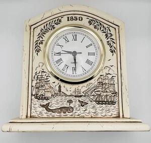 Fiji VINTAGE SCRIMSHAW SAILING DESIGN QUARTZ CLOCK 6" x 6" Works Whaling - Picture 1 of 5