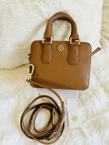 NWT Tory burch Mini Landon Boxy Satchel Crossbody Handbag Brown Leather Bark - Picture 1 of 10