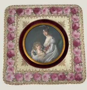 19th century French miniature oil painting portrait of Lady and small son signed - Picture 1 of 6