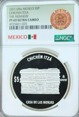 2011 MEXICO SILVER 5 PESOS CHICHEN ITZA THE NUNNERY NGC PF 69 ULTRA CAMEO RARE - Image 1 of 4