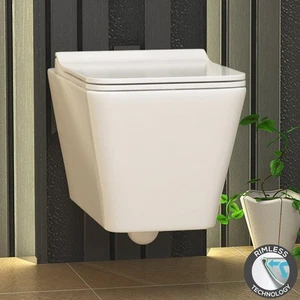 Elena Wall Hung White Square Rimless Toilet Bathroom Pan & Slim Soft Close Seat - Picture 1 of 7