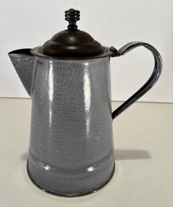 ANTIKE EMAILLE KAFFEEKANNE GRAU ZINNDECKEL HOLZ TOP KNAUF - Bild 1 von 6