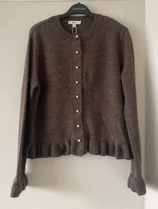 M&S Fawn Brown Crew Neck Pearl Button Ruffle Cuff & Hem Cardigan. Sz M BNWT - Picture 1 of 5