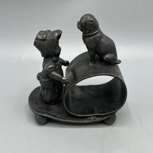 Antiker Wm Rogers vierfacher Silber Teller Mädchen mit Hund Serviettenring Halter um 1875 - Bild 1 von 8