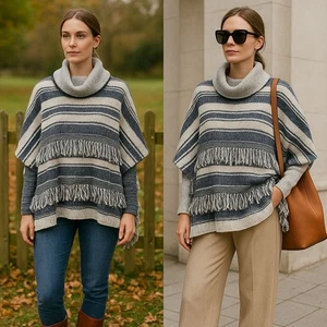 Striped Fringe Women Cowl Neck Poncho Navy Cream OS Cottagecore Quiet Luxury - Picture 1 of 11