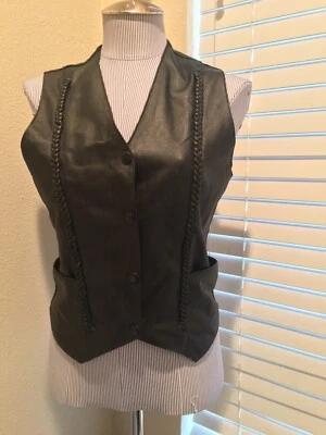 USA BIKERS DREAM APPAREL Womens Small Black Leather Braid Detail Lace Back Vest - Image 1 of 4