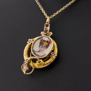 Antique 14k gold pendant with ruby emerald and pearls - Picture 1 of 3