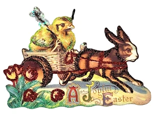 RABBIT Pulling CHICK in EGG CART * Glitter EASTER ORNAMENT * Vtg Img - Picture 1 of 1